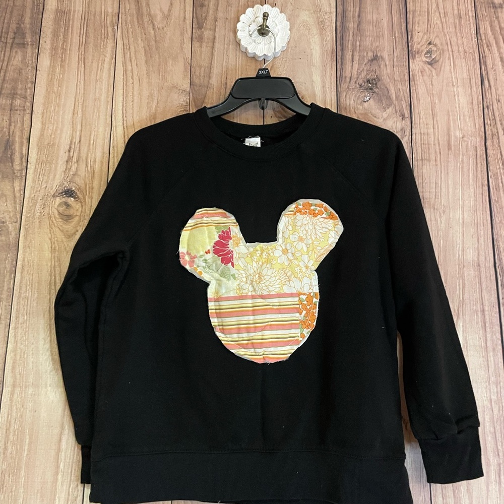 Upcycled Black Sweatshirt with quilted Mickey head. Medium